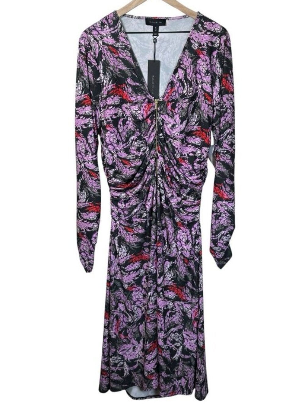H Halston Midi Maxi Dress XL Floral Paisley Zip LS Purple Party Wedding Event